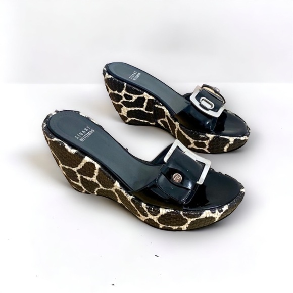 Stuart Weitzman Clipper Giraffe Slip On Platform Buckle Wedge Sandals, Size 7.5 - Picture 1 of 11